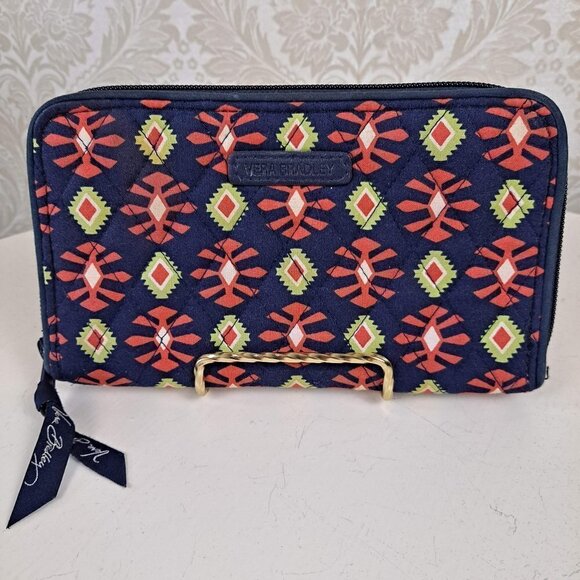 Vera Bradley Wallet Navy Blue/Orange Pattern Orange Interior Zip Around EUC - Picture 1 of 10